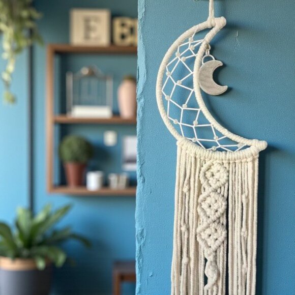 🆕️Macrame Moon Dreamcatcher 🌙Boho Chic Wall Hanging | Handcrafted Trendy Decor - Picture 1 of 9